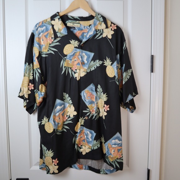 Tommy Bahama Other - Tommy Bahama Silk Hawaiian Shirt Pineapple Pinup Girl Black Camp Mens Large
